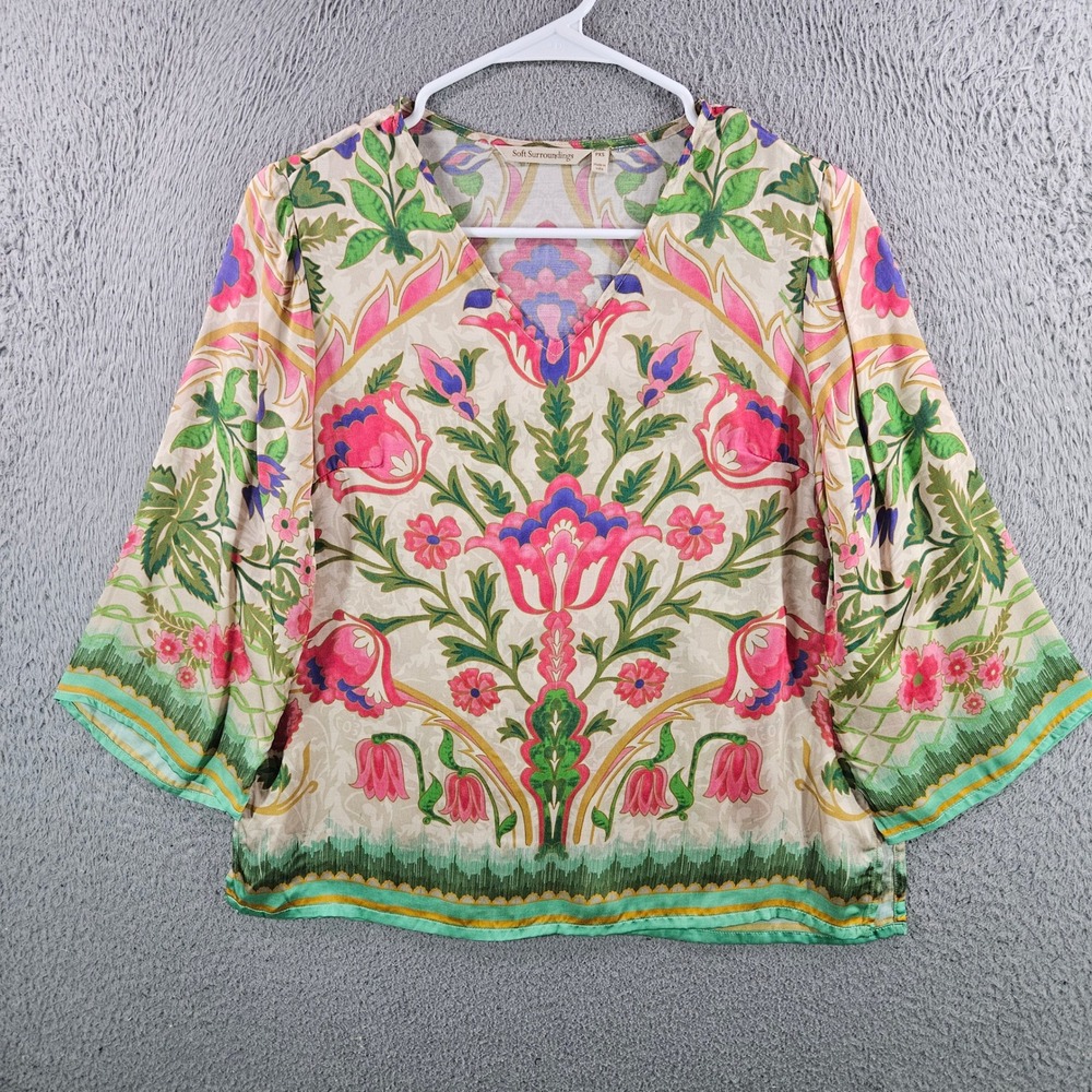 Soft Surroundings Floral V-Neck Blouse Pink Green Rayon Modal Petite XS PXS